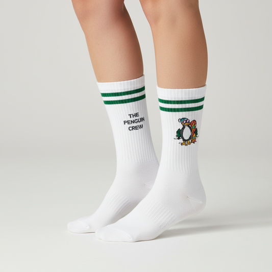 Calcetines divertidos de algodón con pingüino relax y doble raya verde deportiva
