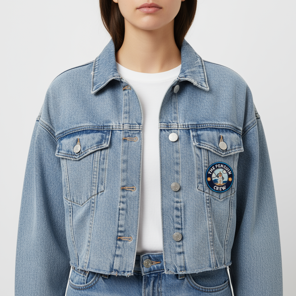 Parche termoadhesivo ropa de pingüino aplicado en chaqueta vaquera, detalle streetwear