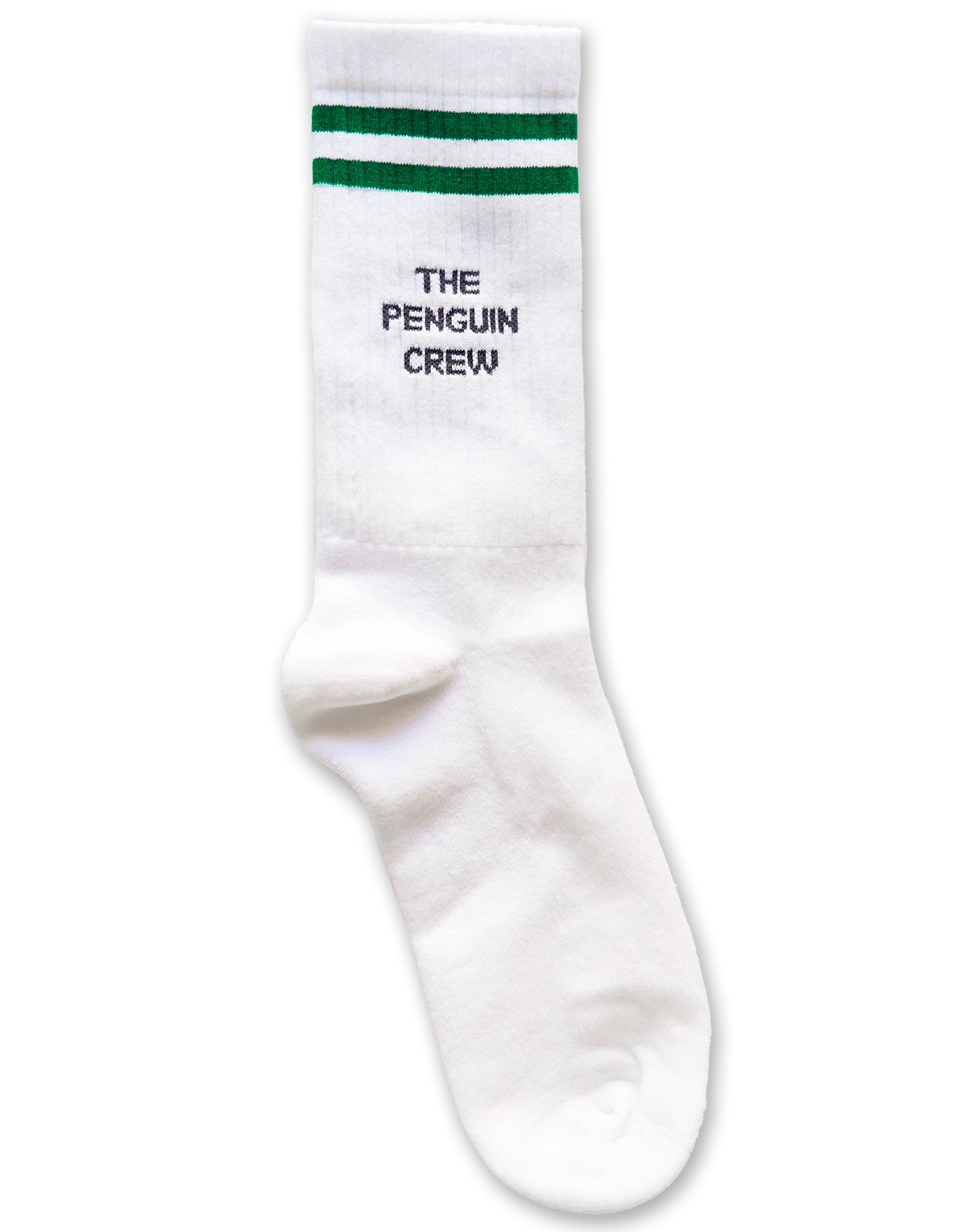 Chill Master calcetines blancos unisex diseño con el texto 'THE PENGUIN CREW' y franjas verdes.