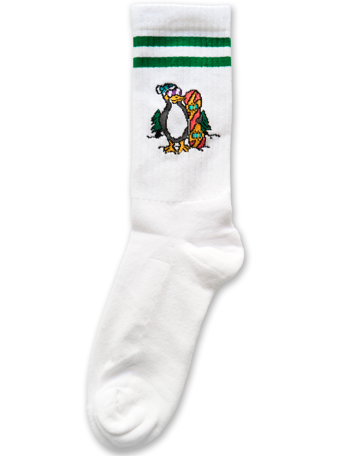 Calcetines blancos unisex diseño con pingüinos bordados y rayas verdes en la parte superior.
