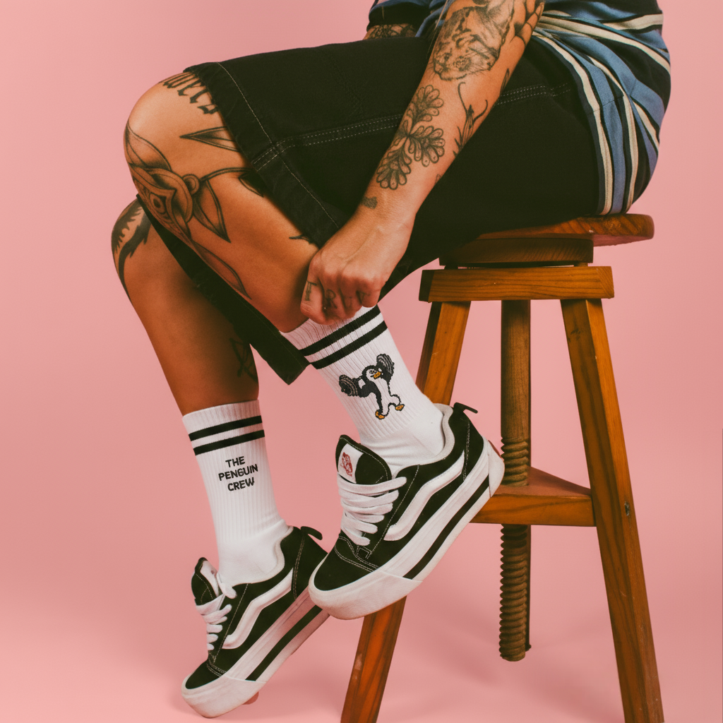 Persona sentada con calcetines divertidos con pingüino fitness con estilo urbano y zapatillas skater