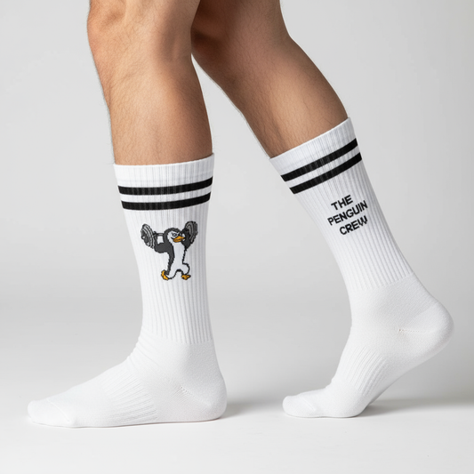 Calcetines largos deportivos con pingüino fitness bordado y dos rayas negras, estilo skate